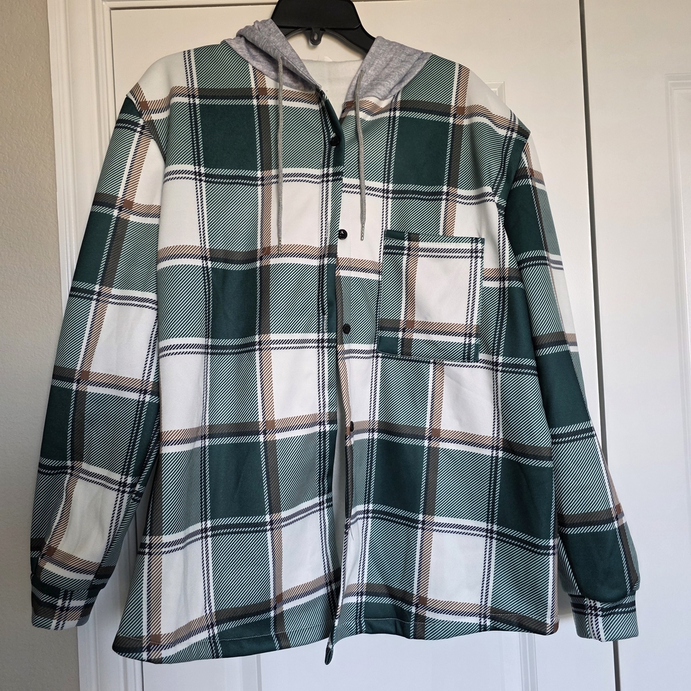 Green Plaid Women' Jacket Button Down with Hood